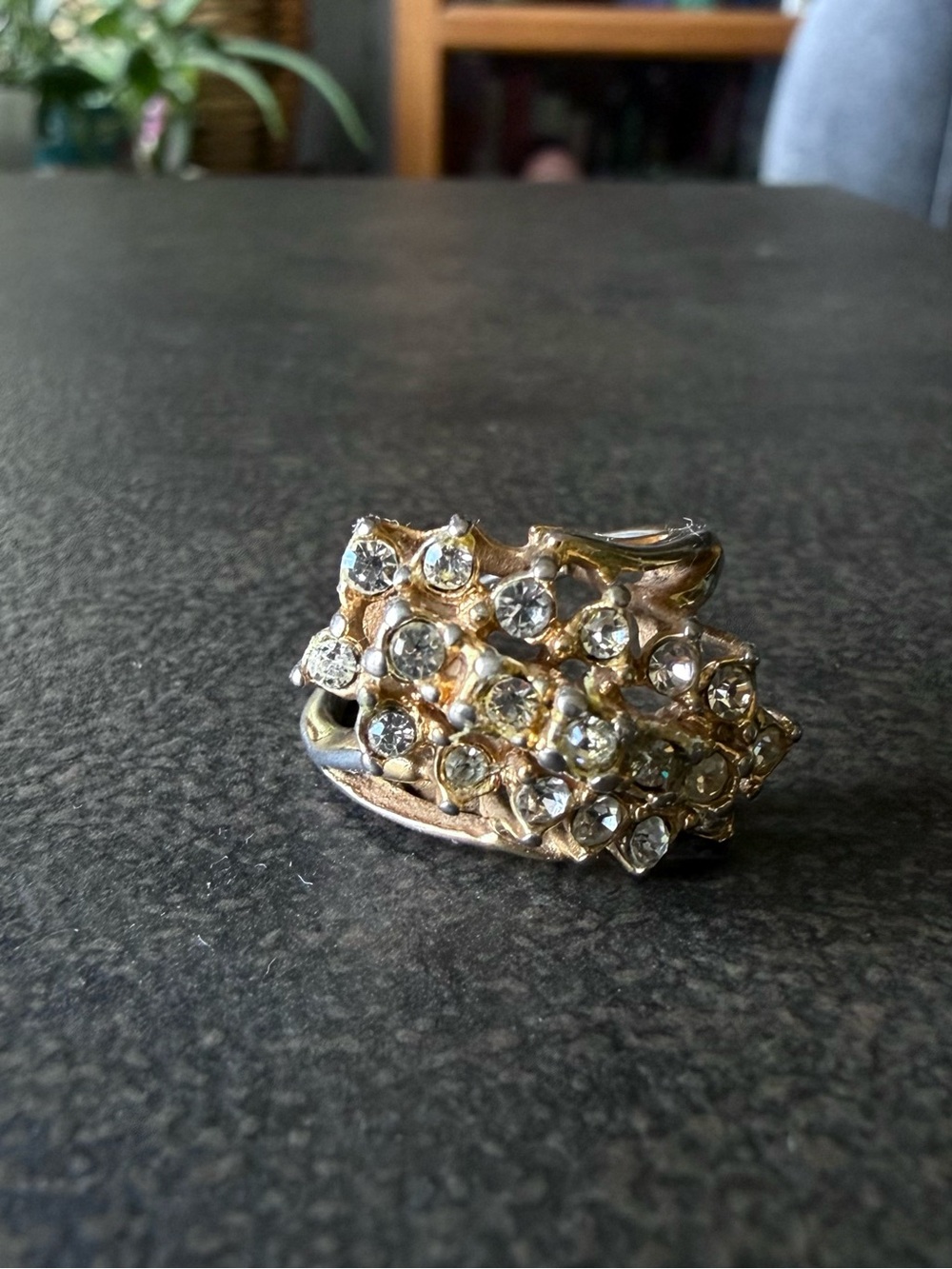 Mid Century Gold-Tone Rhinestone Cluster Cocktail Ring -size 7.5